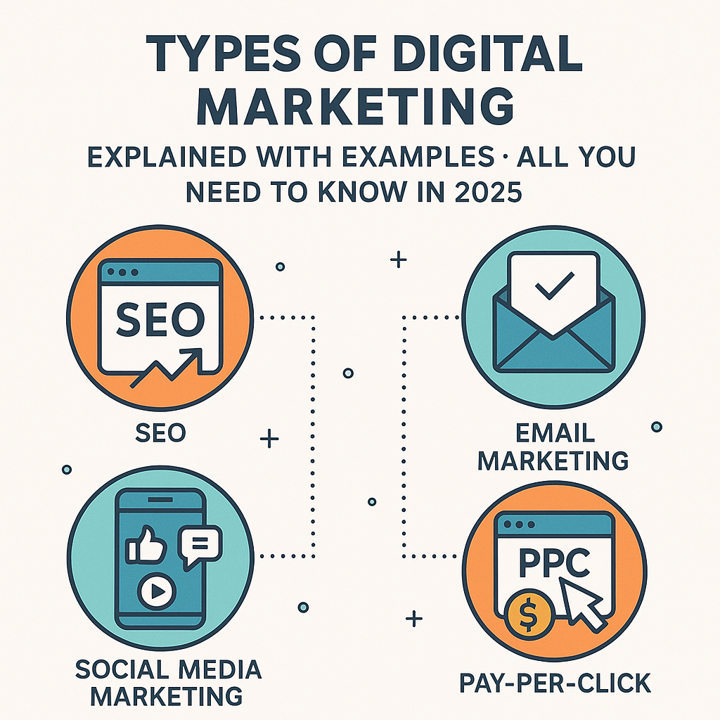Illustration showing key types of digital marketing in 2025