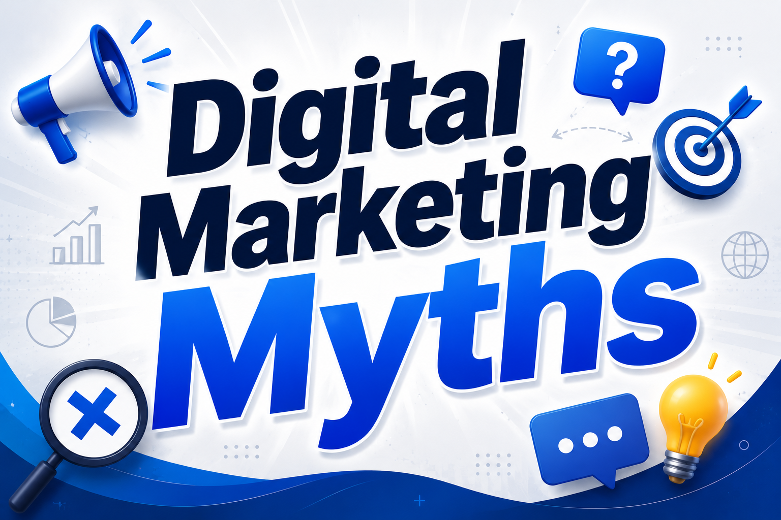 Illustration highlighting common digital marketing myths with marketing icons, analytics, target, and communication elements.