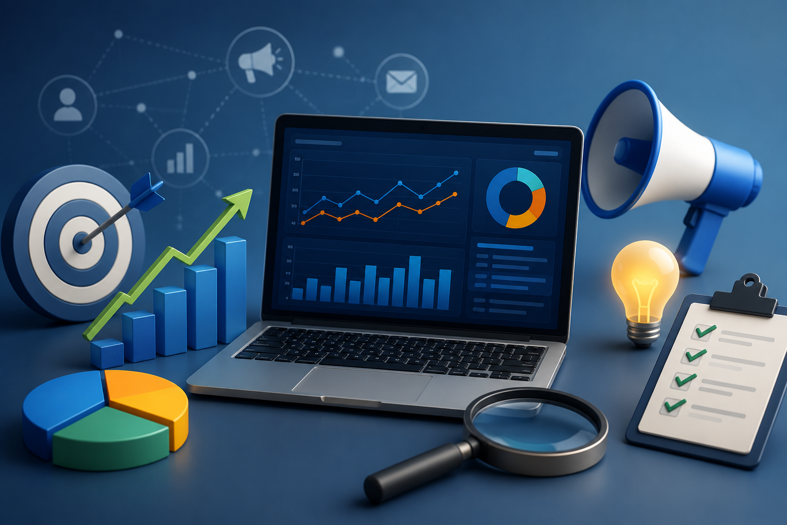Digital marketing analytics dashboard with campaign performance charts, KPI metrics, and growth visualization