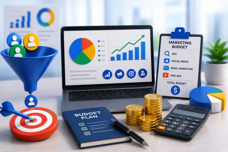 Digital marketing budget planning with analytics dashboard, calculator, budget tracker, and campaign performance charts