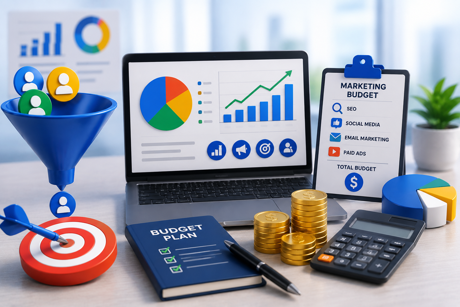 Digital marketing budget planning with analytics dashboard, calculator, budget tracker, and campaign performance charts