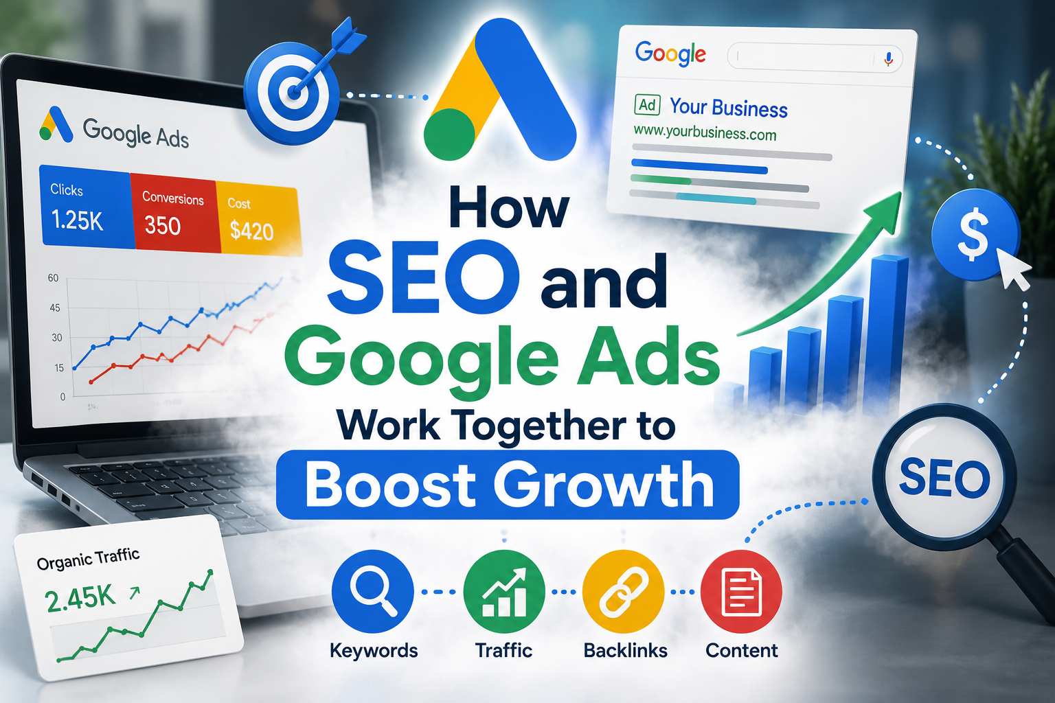 Digital marketing illustration showing SEO and Google Ads working together with search analytics, growth charts, backlinks, keywords, and online advertising elements.
