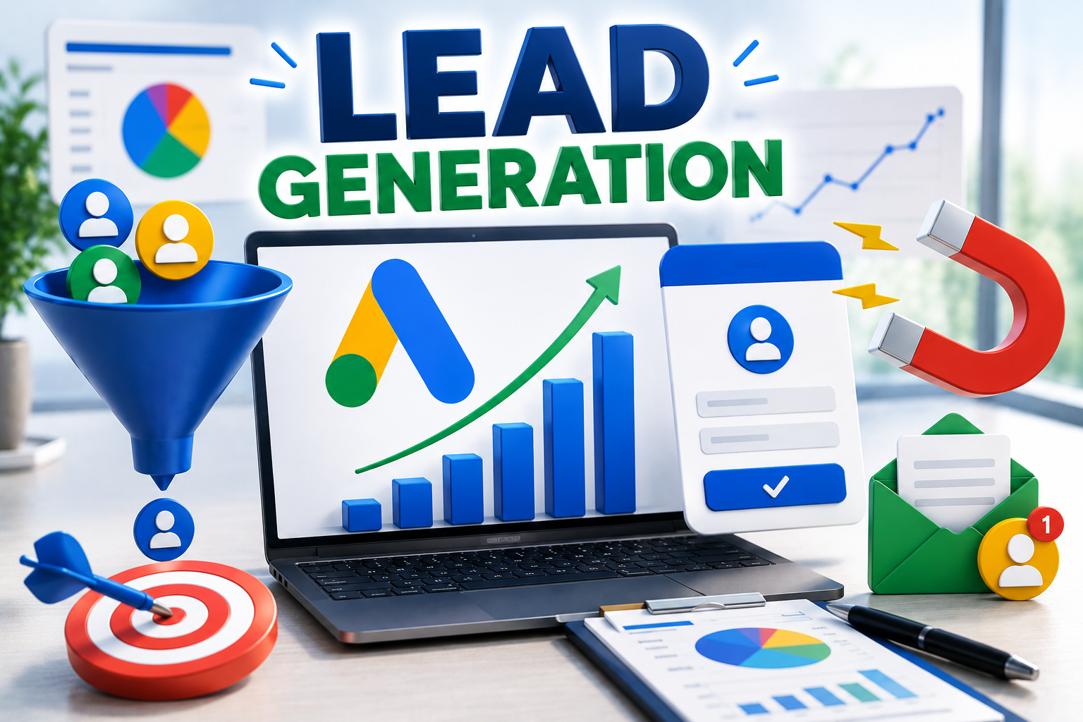 Lead generation concept with Google Ads analytics, sales funnel, customer acquisition, growth chart, and digital marketing conversion elements.