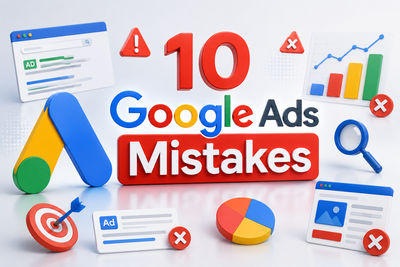 Google Ads mistakes illustration with warning icons, campaign analytics, performance charts, and PPC optimization elements.