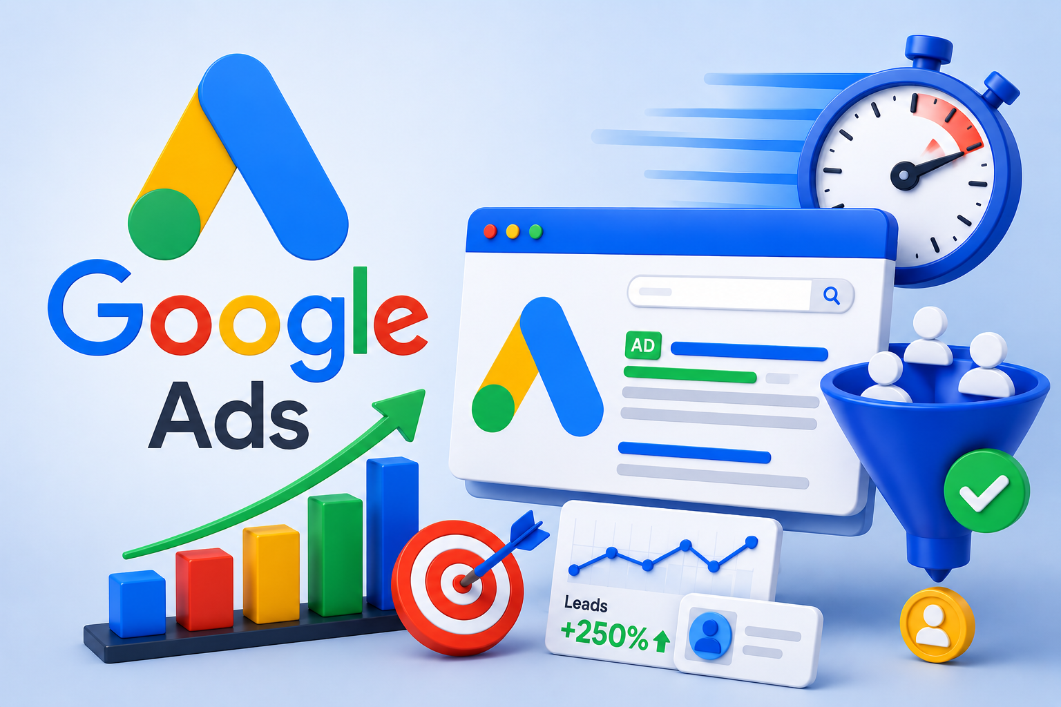 Google Ads illustration with campaign dashboard, lead generation funnel, growth chart, target icon, and digital advertising analytics.