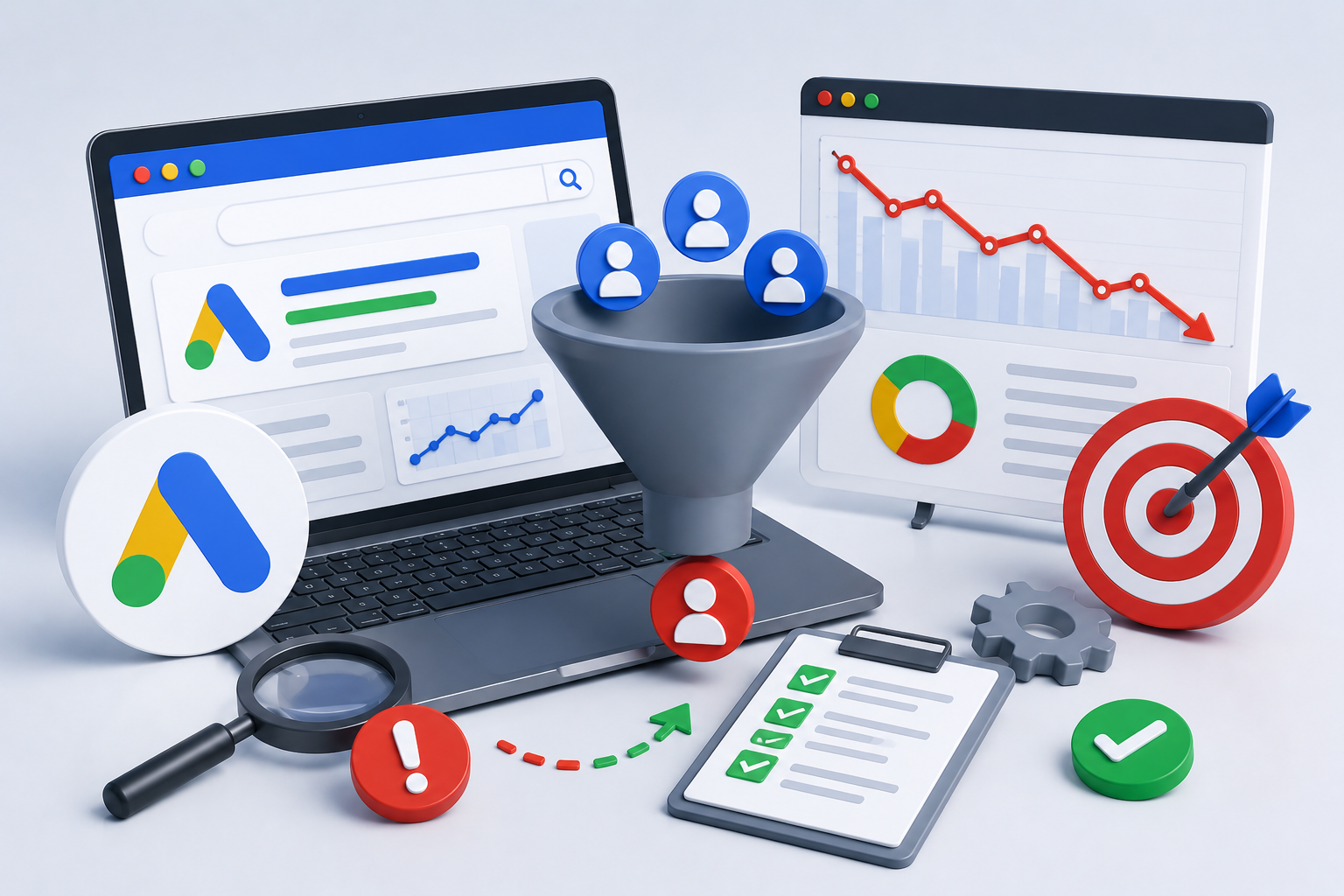Google Ads campaign optimization illustration with analytics dashboard, conversion funnel, declining performance chart, target icon, checklist, and PPC optimization elements.