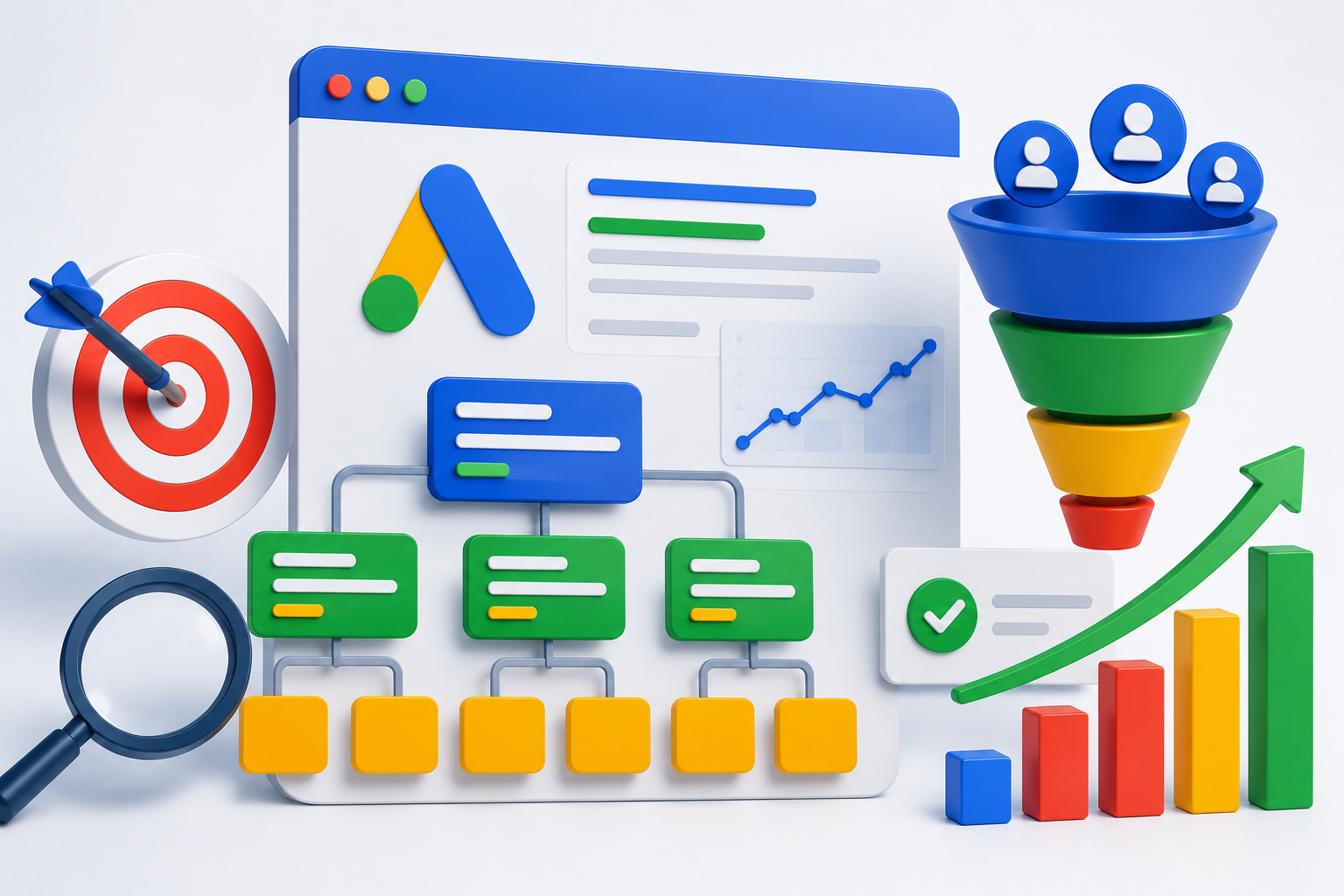 Google Ads campaign structure illustration with campaign hierarchy, conversion funnel, analytics dashboard, target icon, and performance growth chart.