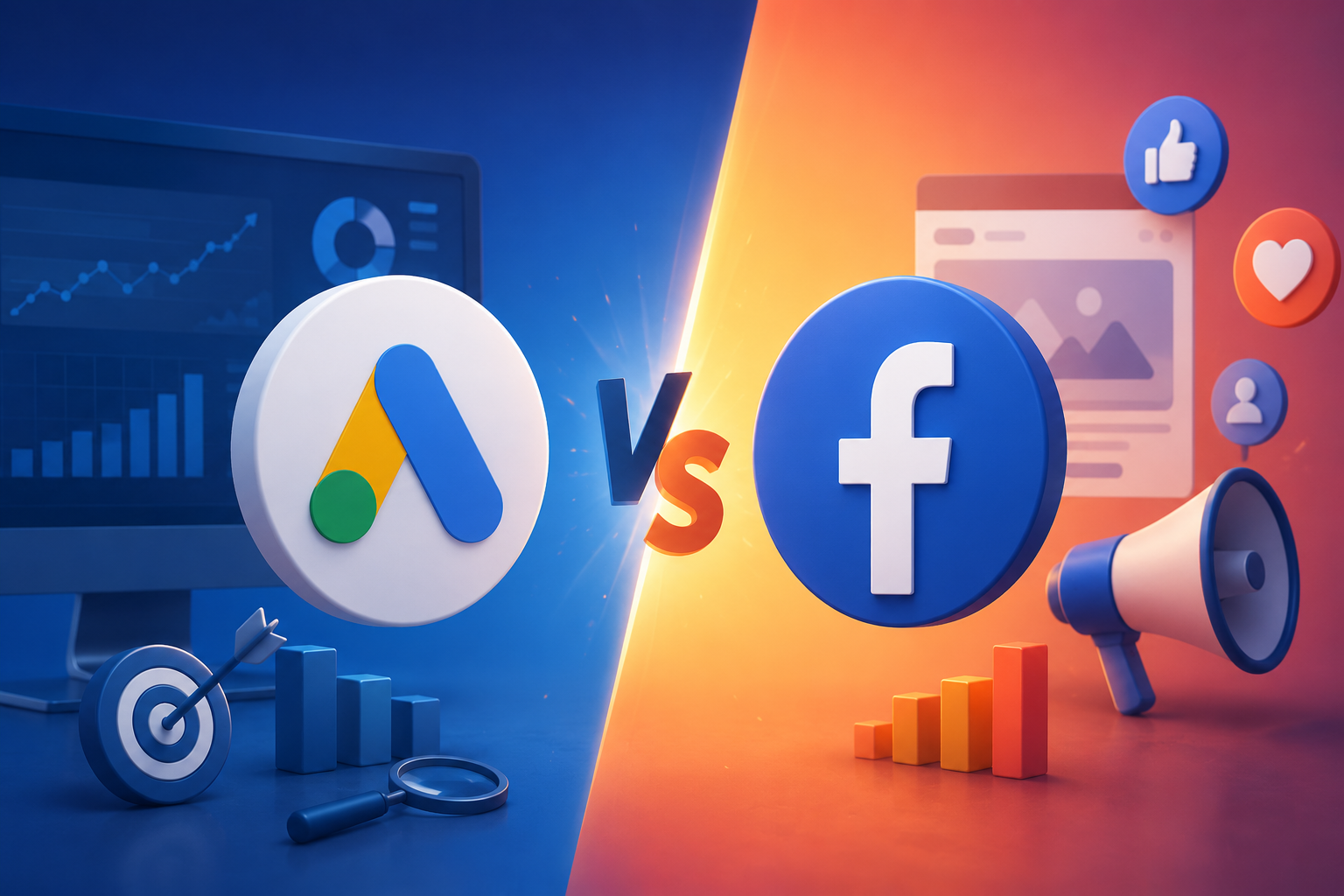 3D illustration comparing Google Ads and Facebook Ads with digital marketing analytics, advertising performance, audience engagement, and campaign growth elements.
