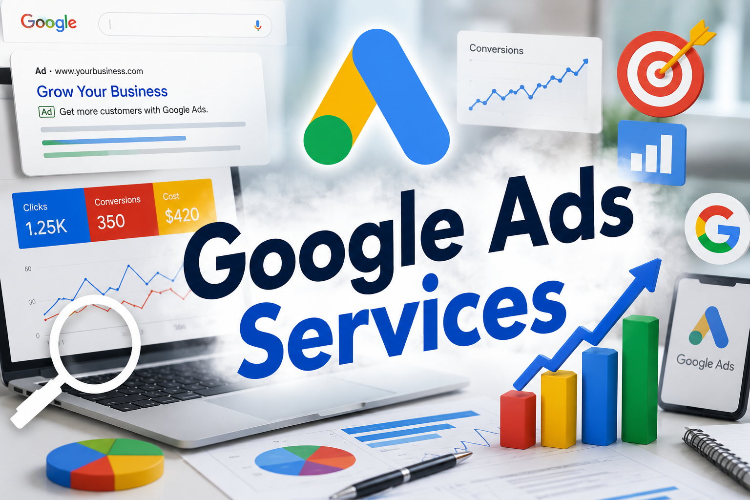 Google Ads services dashboard with campaign analytics, search advertising, conversion tracking, performance charts, and digital marketing growth illustration.