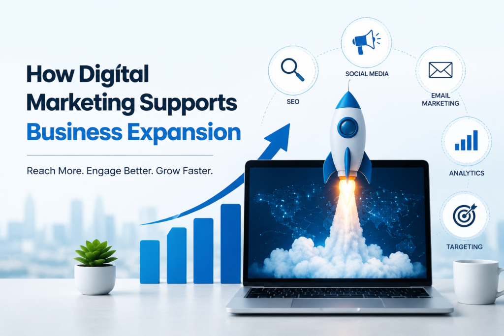 Digital marketing strategy with SEO, social media, analytics, and online growth elements supporting business expansion.