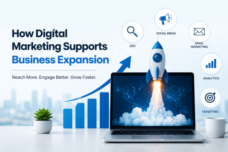 Digital marketing strategy with SEO, social media, analytics, and online growth elements supporting business expansion.